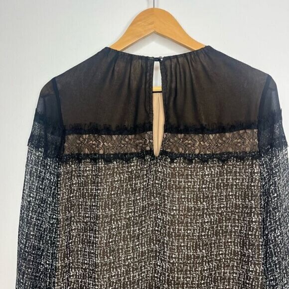 White House Black Market Women’s 0 Blouse Black White Long Sleeve Keyhole Back - Picture 4 of 11